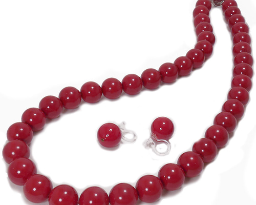 珊瑚ネックレス synthetic 10ミリ玉42センチ 血赤系 イヤリングおまけ