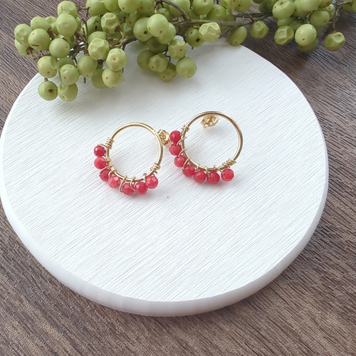 creema限定】14KGF つぶつぶ赤珊瑚のサークルスタッドピアス ピアス  