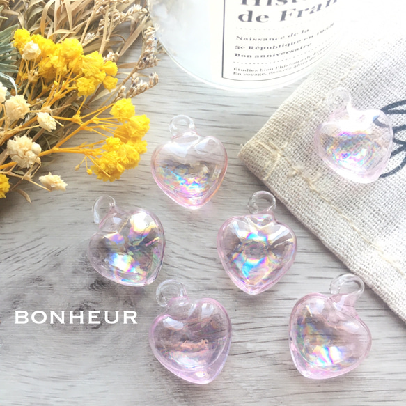 送料無料】ハート オーロラ ガラスドーム 水入り ガラスチャーム 2pcs  
