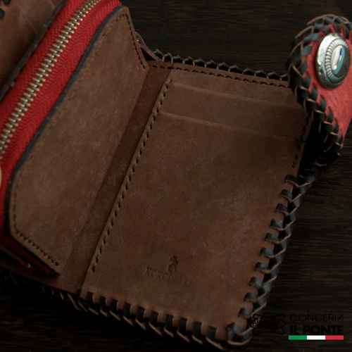 受注製作】イタリアンレザー Maya かがり縫い二つ折り財布 レッドx