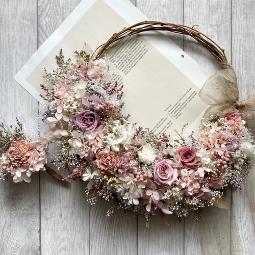 くすみピンク ローズとアジサイのリースブーケ プリザーブドフラワー  