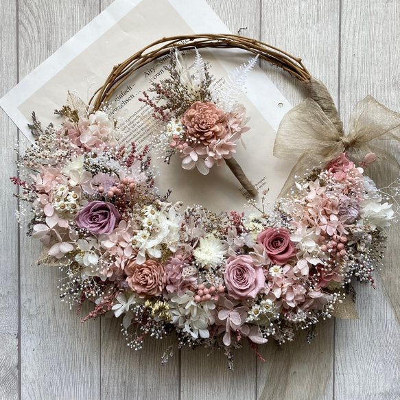 くすみピンク ローズとアジサイのリースブーケ プリザーブドフラワー  