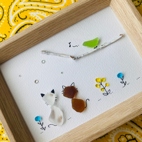 沖縄シーグラスアート】ネコさんと小鳥さん 沖縄の海 その他インテリア