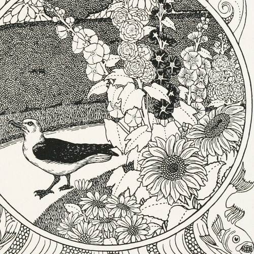 NO.475】カモメと夏の花たちモノクロイラストアートポスター☆ひまわり