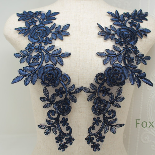 チュールコード刺繍モチーフ 1対 花 黒色×金色 (MFLC92BKEJJL チュールコード刺繍モチーフ 1対 花 黒色×金色 (MFLC92BKEJJL