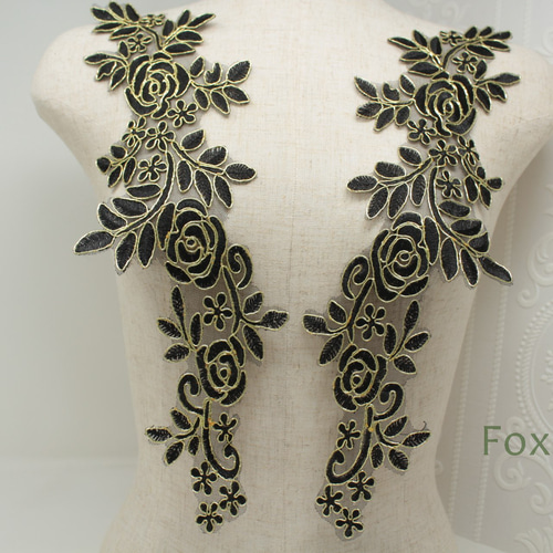 チュールコード刺繍モチーフ 1対 花 黒色×金色 (MFLC92BKEJJL
