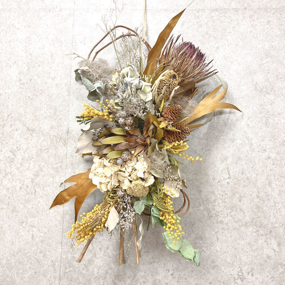 ミモザと紫陽花の縦長スワッグ☆ドライフラワースワッグ
