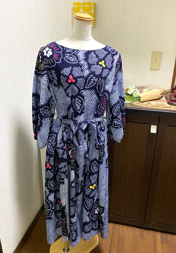 売り切れ有松・鳴海絞り ワンピース 七分袖 ウエストリボン ポケット付  