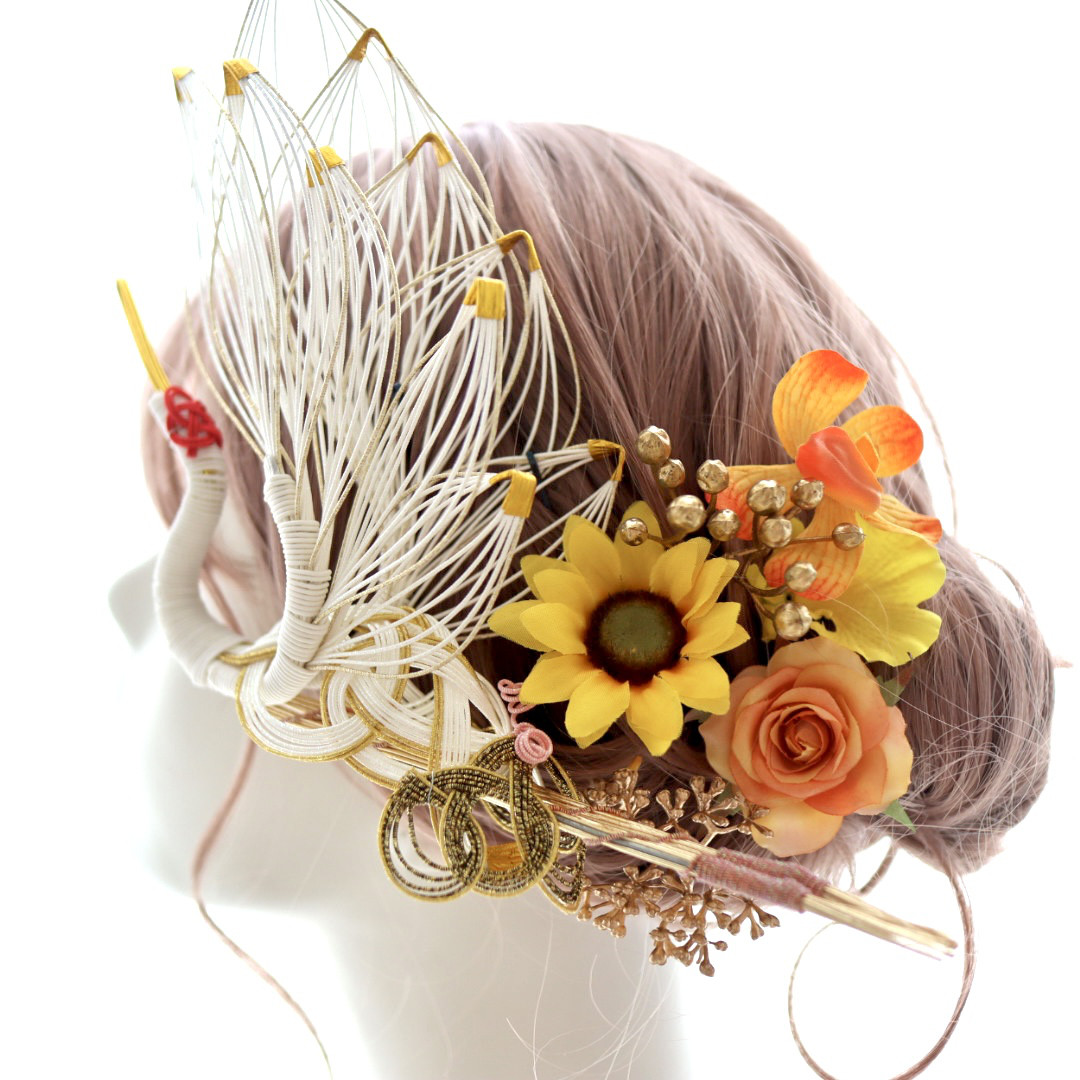 髪飾り　水引　和婚　鶴　ひまわり　ヒマワリ　ローズ　バラ　オレンジ　結婚式　ウェディング　成人式　ヘッドドレス 6,201円