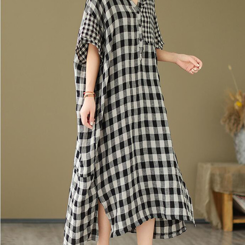 【美品】芽風 mefu ゆったり ワンピース チェック柄 コットンリネン 38 美品】芽風 mefu ゆったり ワンピース チェック柄 コットン