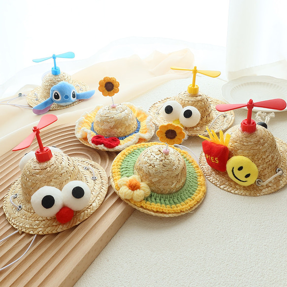 犬&猫 麦わら帽子☆竹とんぼ クリスマス毛糸☆ペットの頭飾り 日よけ