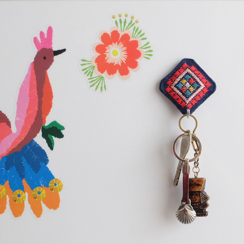 こぎん刺しタイルみたいなマグネットフック【玄関ドア☺︎刺繍】デニム