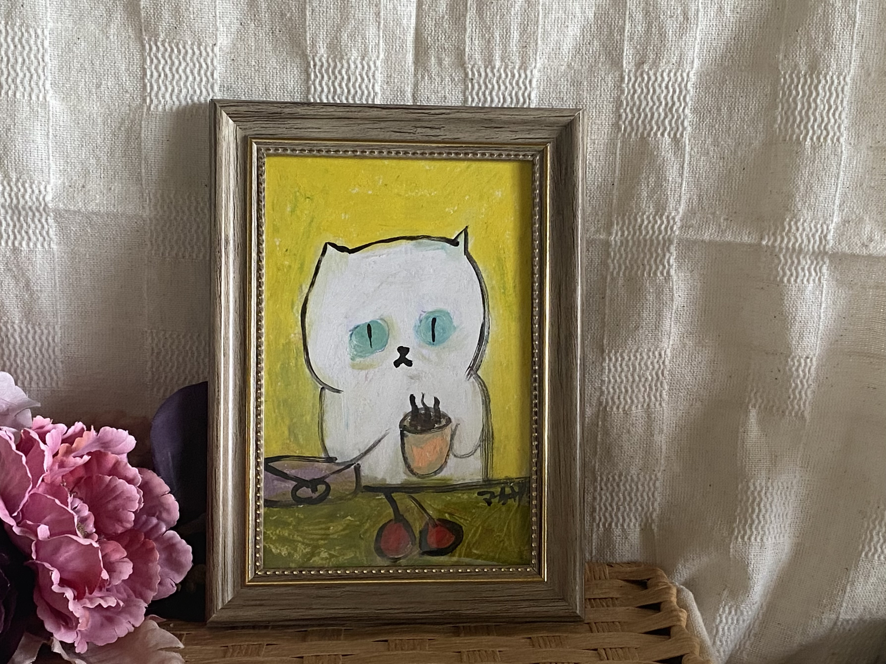 絵画。壁掛け原画【花の中の女の子と黒猫】 受けとる