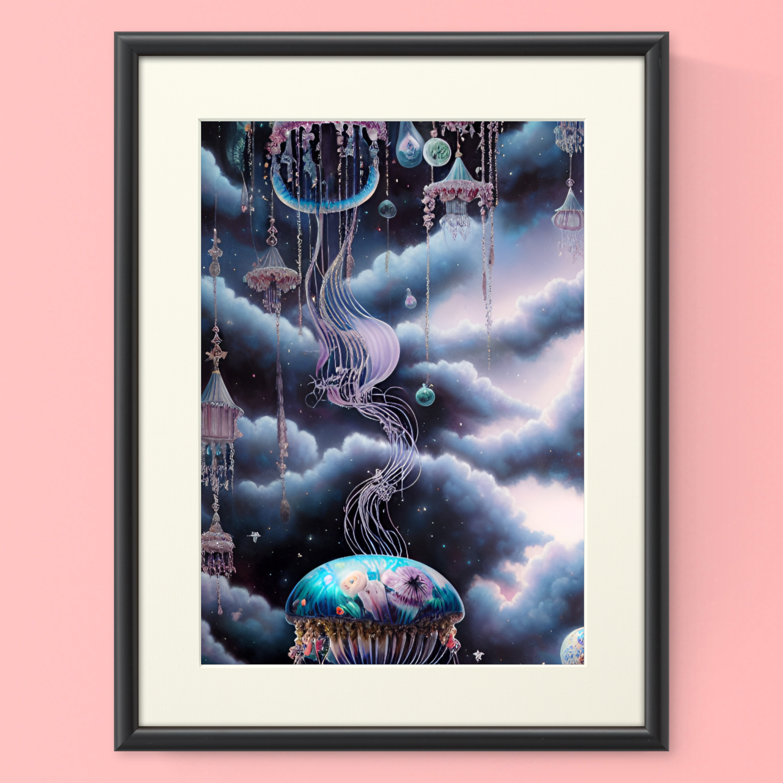 幻想的でゆめかわいいクラゲときらびやかな飾りや宇宙 ボタンアップシャツ 半袖