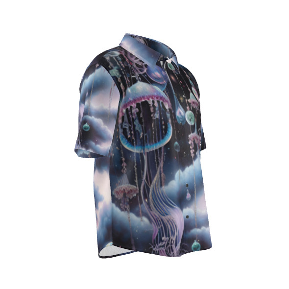 幻想的でゆめかわいいクラゲときらびやかな飾りや宇宙 ボタンアップシャツ 半袖