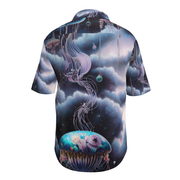 幻想的でゆめかわいいクラゲときらびやかな飾りや宇宙 ボタンアップシャツ 半袖