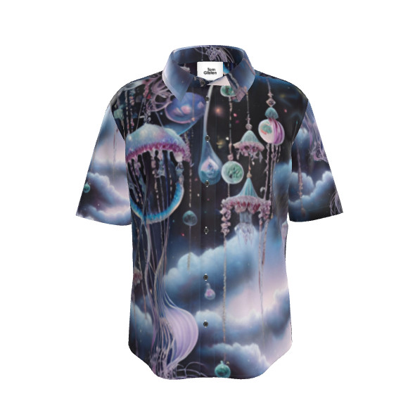 幻想的でゆめかわいいクラゲときらびやかな飾りや宇宙 ボタンアップシャツ 半袖