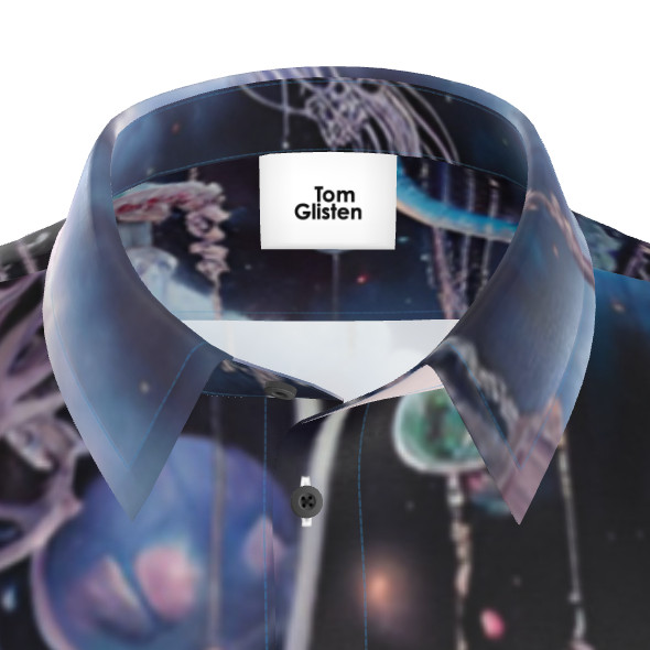 幻想的でゆめかわいいクラゲときらびやかな飾りや宇宙 ボタンアップシャツ 半袖