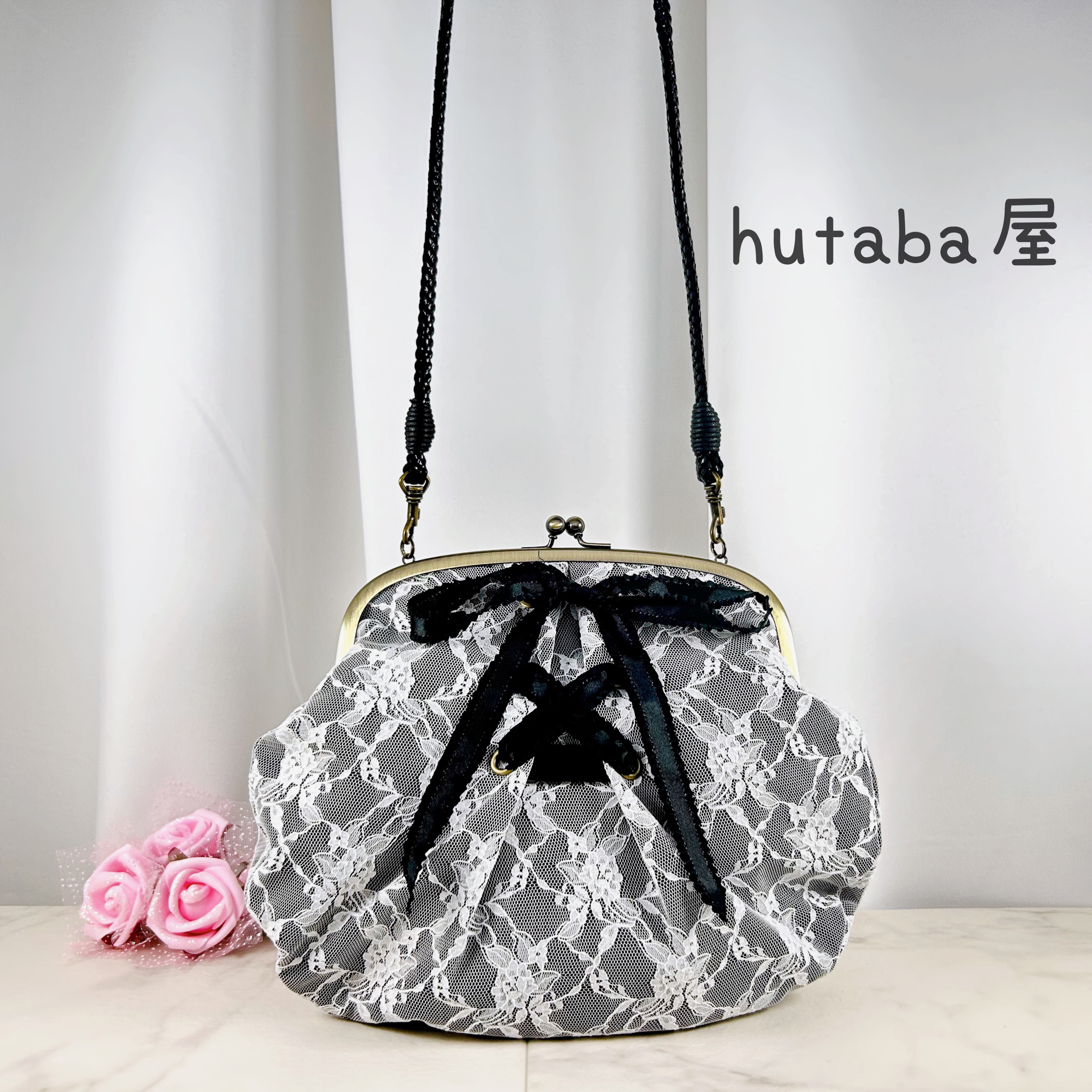 MUGIBAG*ブラックチュールレース*がま口バッグ*バンブーバッグ*和装バッグ