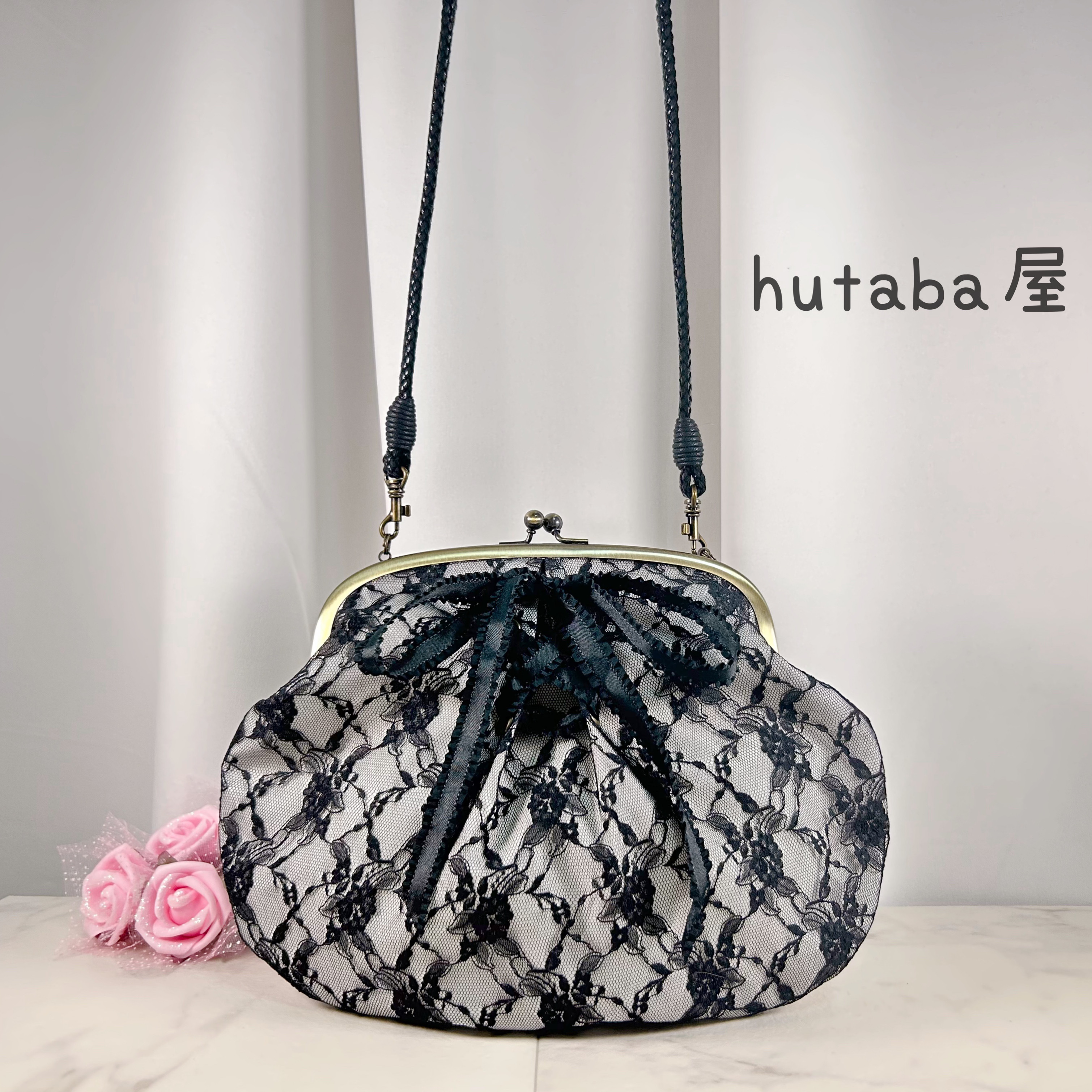 薔薇柄レースあおりがま口バッグ ハンドメイド