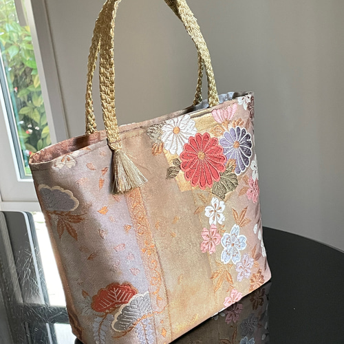 帯　花柄　金銀　グレー　バッグ　リメイク　ハンドメイド 帯リメイクバッグ 金銀花 トートバッグ 和装バッグ 結婚式