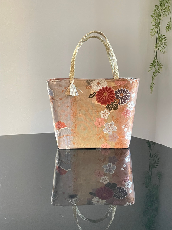 帯　花柄　金銀　グレー　バッグ　リメイク　ハンドメイド 帯リメイクバッグ 金銀花 トートバッグ 和装バッグ 結婚式