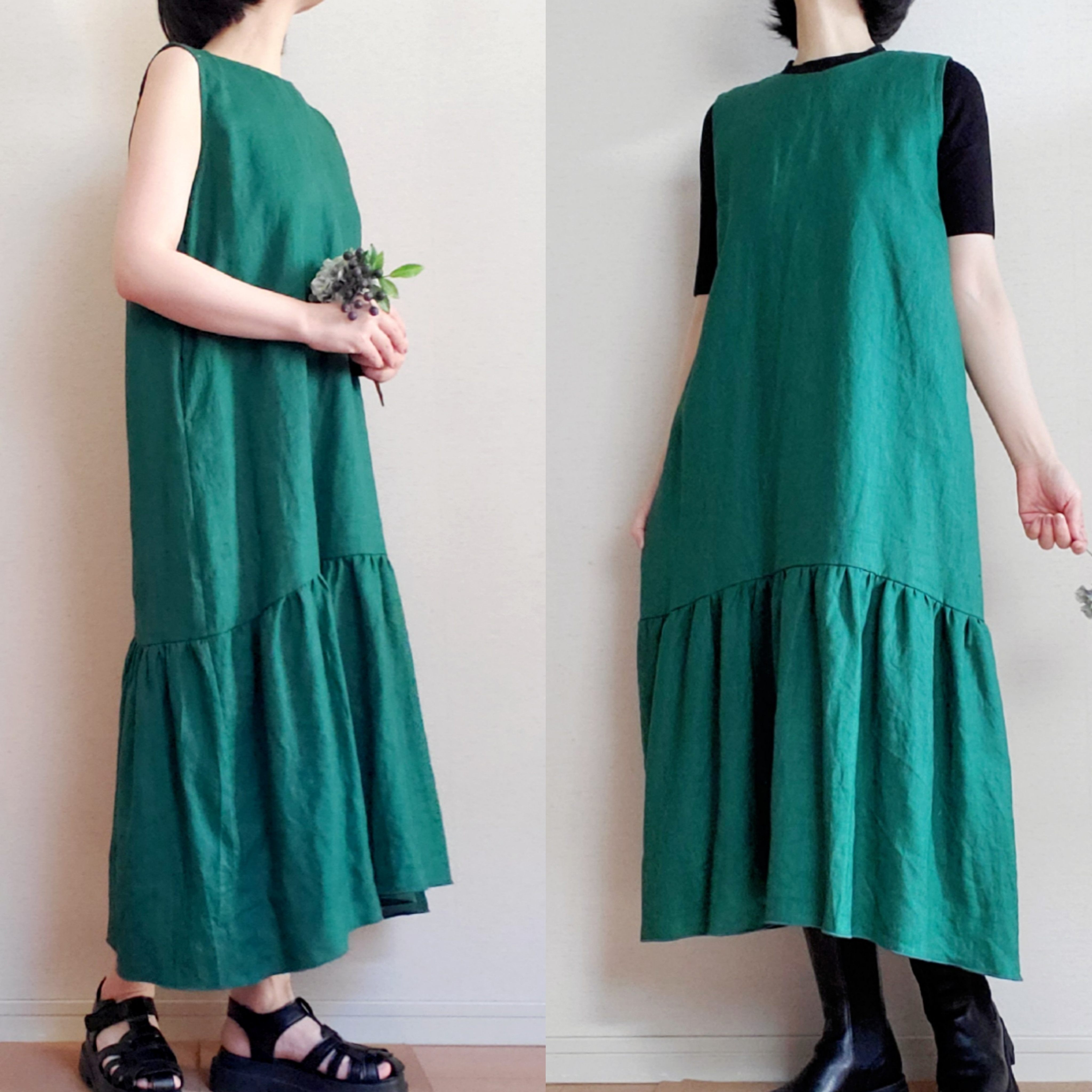 【限定一着】一年中着回せる！一枚で涼しげに♪重ねてジャンパースカートにも♡上質リネンのワンピースLINEN100深緑