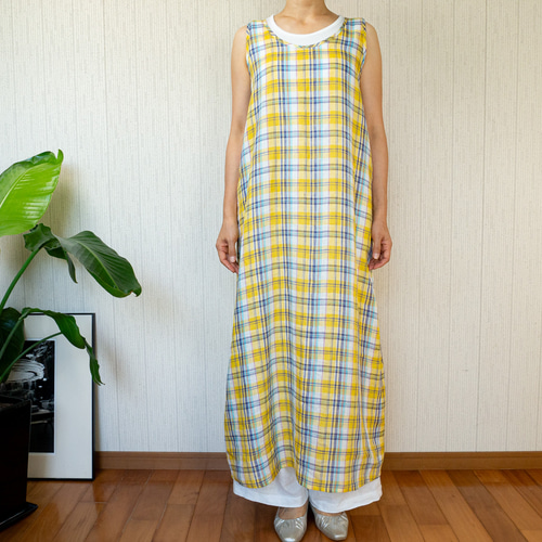 ☆20%off☆マドラスチェックリネンの黄色いサンドレス【イエロー