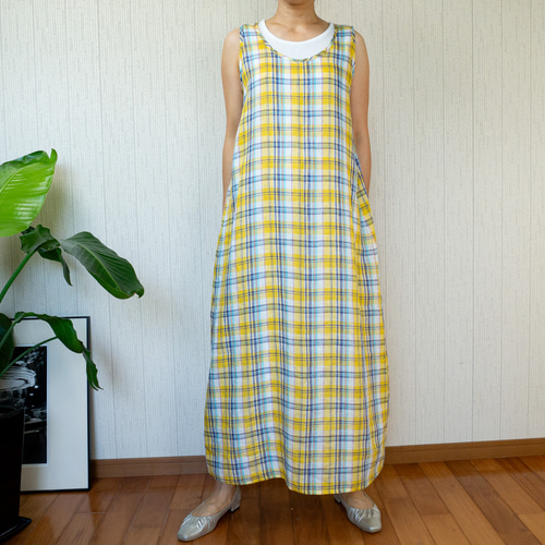 ☆20%off☆マドラスチェックリネンの黄色いサンドレス【イエロー