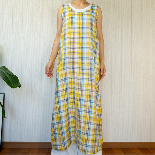 ☆20%off☆マドラスチェックリネンの黄色いサンドレス【イエロー