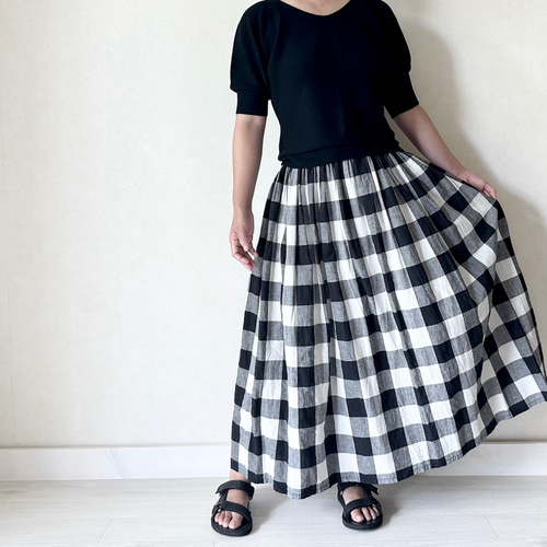cygne ブロックチェックスカート 大人気♪ 播州織の大きめブロックチェックの綿麻ギャザースカート