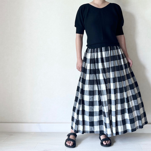大人気♪ 播州織の大きめブロックチェックの綿麻ギャザースカート