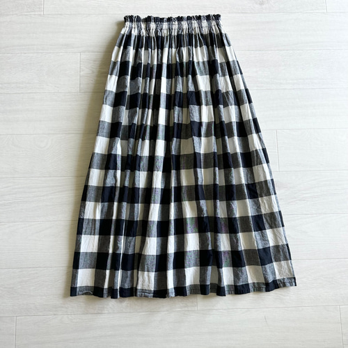 大人気♪ 播州織の大きめブロックチェックの綿麻ギャザー