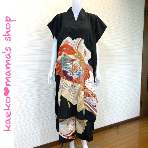ワイドパンツ✿スカンツ✿総丈85㎝✿黒留袖✿和モダン（着物リメイク） ワイドパンツ✿スカンツ✿総丈85㎝✿黒留袖✿和モダン（着物