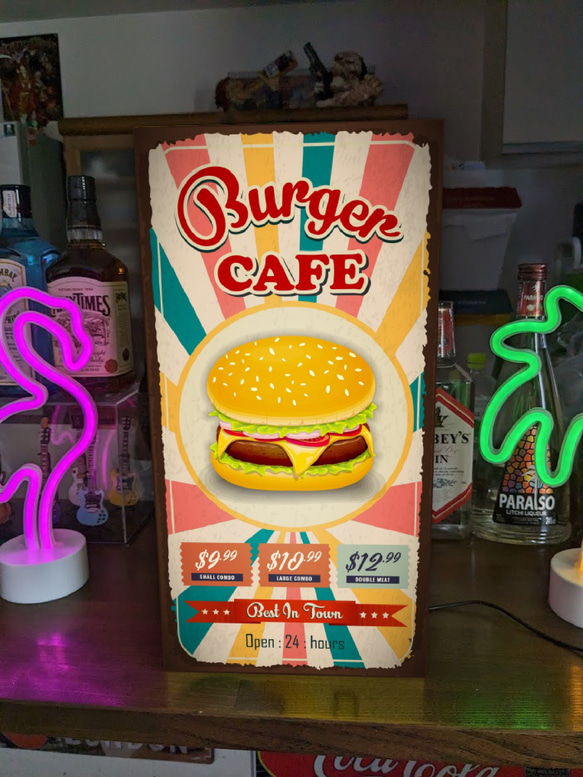 【Lサイズ】ハンバーガー カフェ 看板 置物 アメリカンレトロ ビンテージ サイン ランプ 看板 置物 ライトBOX 1枚目の画像