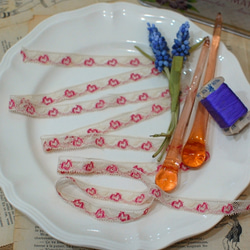 フランス ヴィンテージレース ピンクのお花模様 50cmカット 2枚目の画像