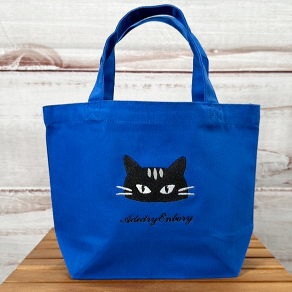 【送料無料】黒猫の顔刺繍のキャンバスミニトートバッグ 1枚目の画像