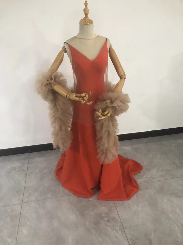 送料無料！オレンジテラコッタパーティードレス  トレーン  シアーポンチョ　色変更可