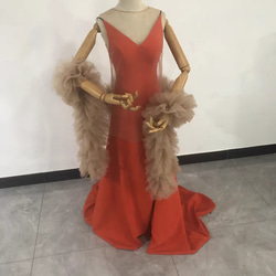 送料無料！オレンジテラコッタパーティードレス トレーン シアー  