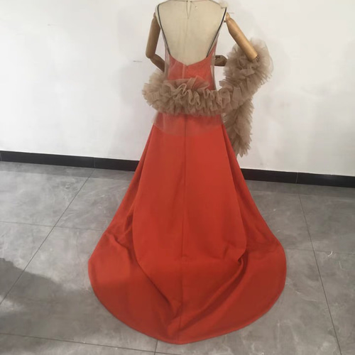 送料無料！オレンジテラコッタパーティードレス トレーン シアー  