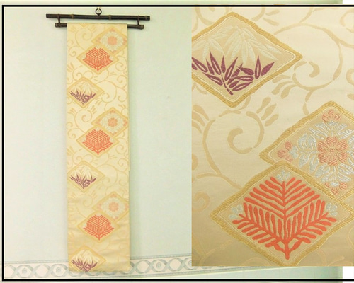 16)1638】194cm/菱形笹文/テーブルランナー・タペストリー/帯リメイク