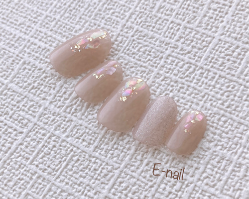 オーダーネイルチップNo.77 大人キレイ シェル ラメ グレージュパール色 オーダーネイルチップNo.77 大人キレイ シェル ラメ グレージュパール