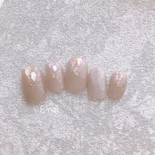 オーダーネイルチップNo.77 大人キレイ シェル ラメ グレージュパール色 オーダーネイルチップNo.77 大人キレイ シェル ラメ グレージュ