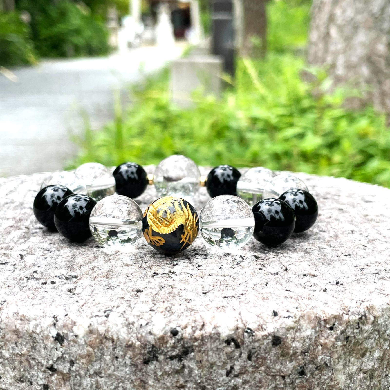 内在する魅力や能力を引き出す天然石ブレスレット♪プラチナルチル＆皇帝龍ドラゴンアゲート・本水晶×オニキス×K18数珠