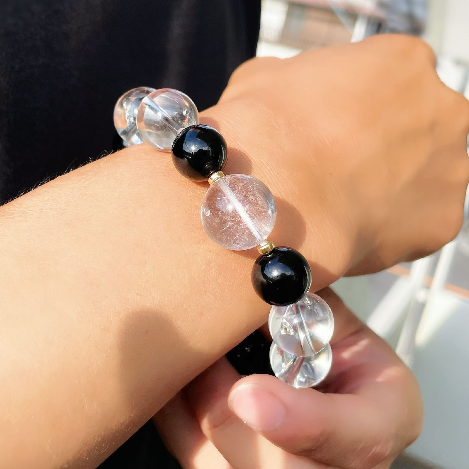 内在する魅力や能力を引き出す天然石ブレスレット♪プラチナルチル＆皇帝龍ドラゴンアゲート・本水晶×オニキス×K18数珠