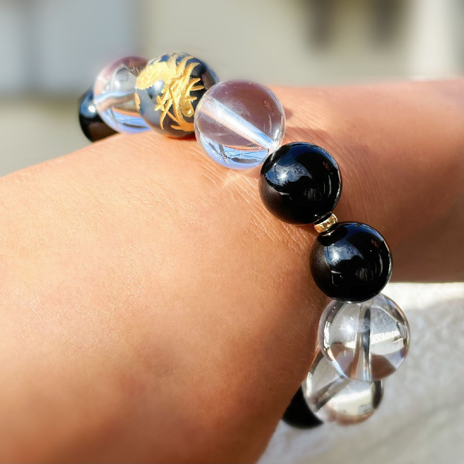 内在する魅力や能力を引き出す天然石ブレスレット♪プラチナルチル＆皇帝龍ドラゴンアゲート・本水晶×オニキス×K18数珠