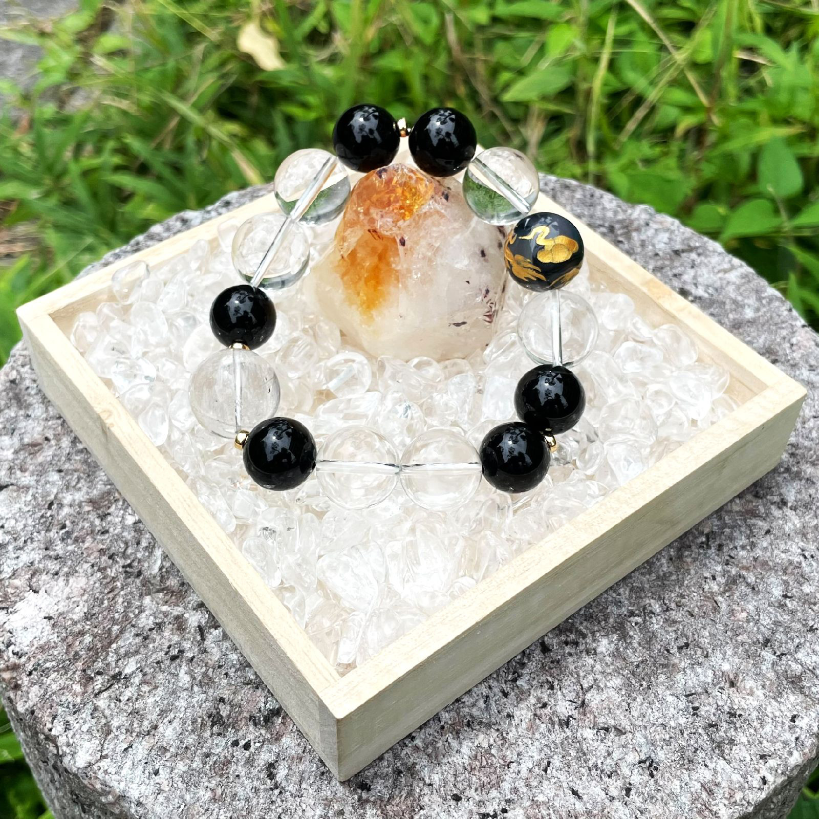 内在する魅力や能力を引き出す天然石ブレスレット♪プラチナルチル＆皇帝龍ドラゴンアゲート・本水晶×オニキス×K18数珠