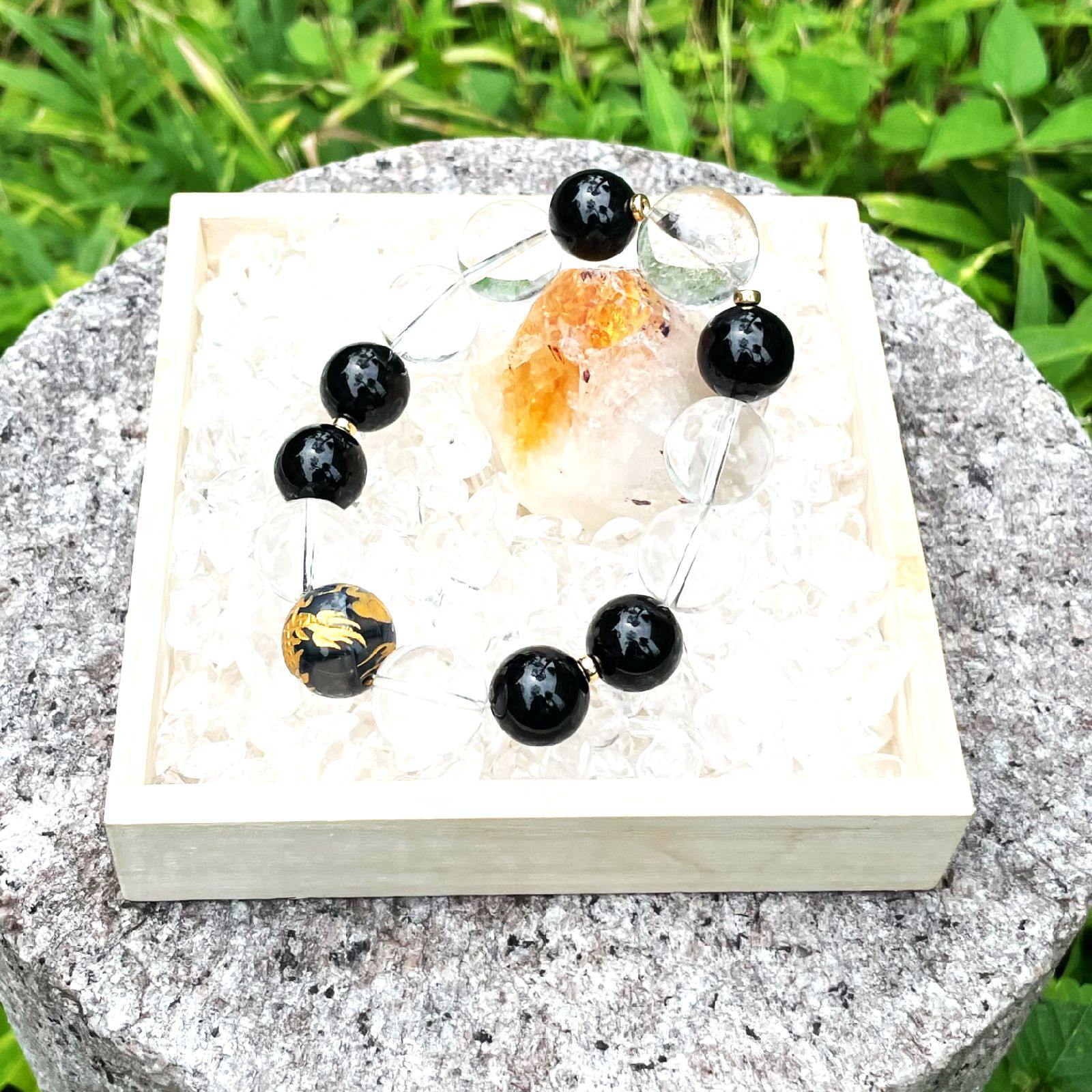 内在する魅力や能力を引き出す天然石ブレスレット♪プラチナルチル＆皇帝龍ドラゴンアゲート・本水晶×オニキス×K18数珠