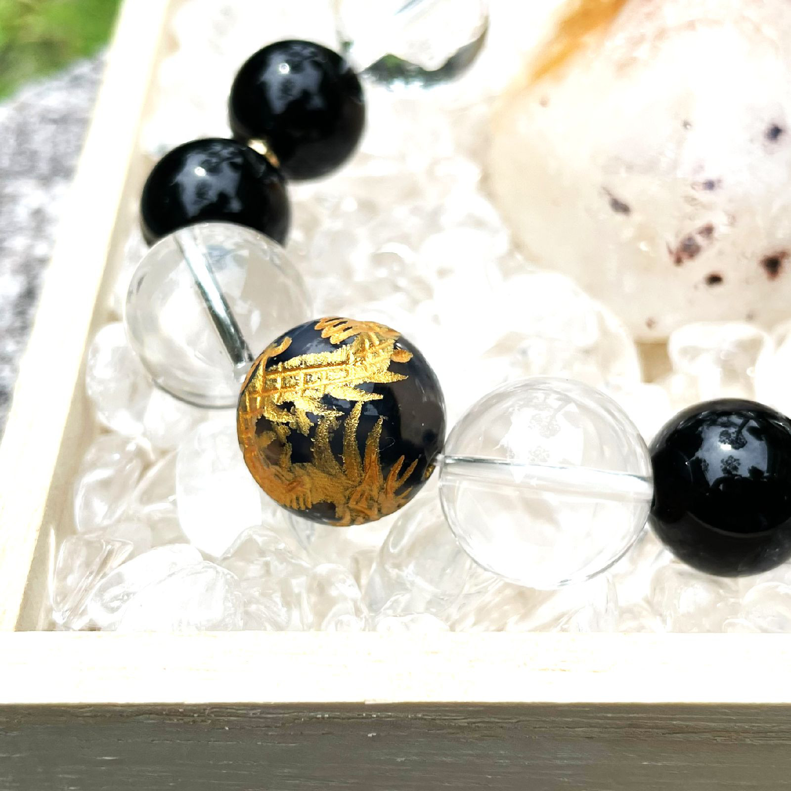 内在する魅力や能力を引き出す天然石ブレスレット♪プラチナルチル＆皇帝龍ドラゴンアゲート・本水晶×オニキス×K18数珠