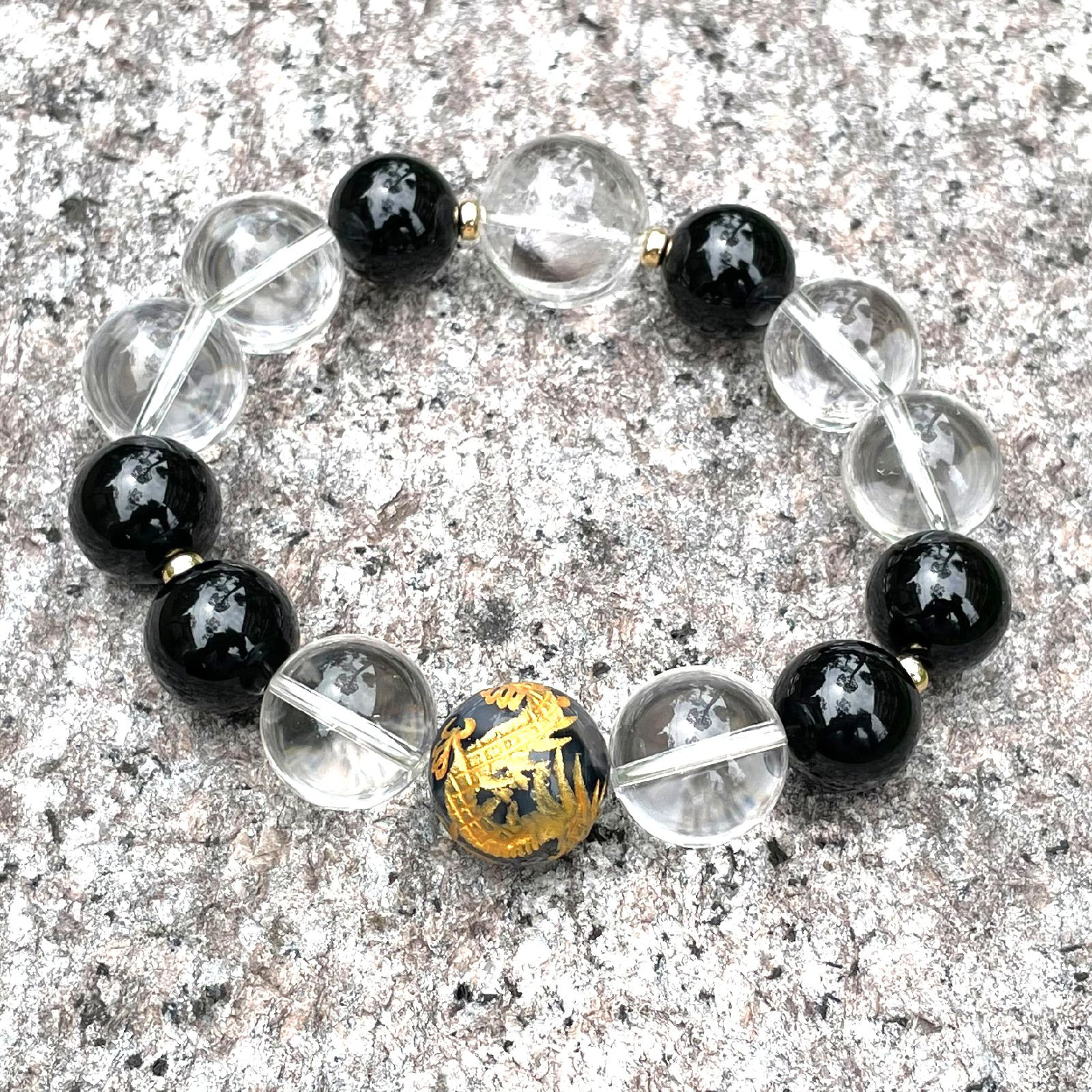 内在する魅力や能力を引き出す天然石ブレスレット♪プラチナルチル＆皇帝龍ドラゴンアゲート・本水晶×オニキス×K18数珠